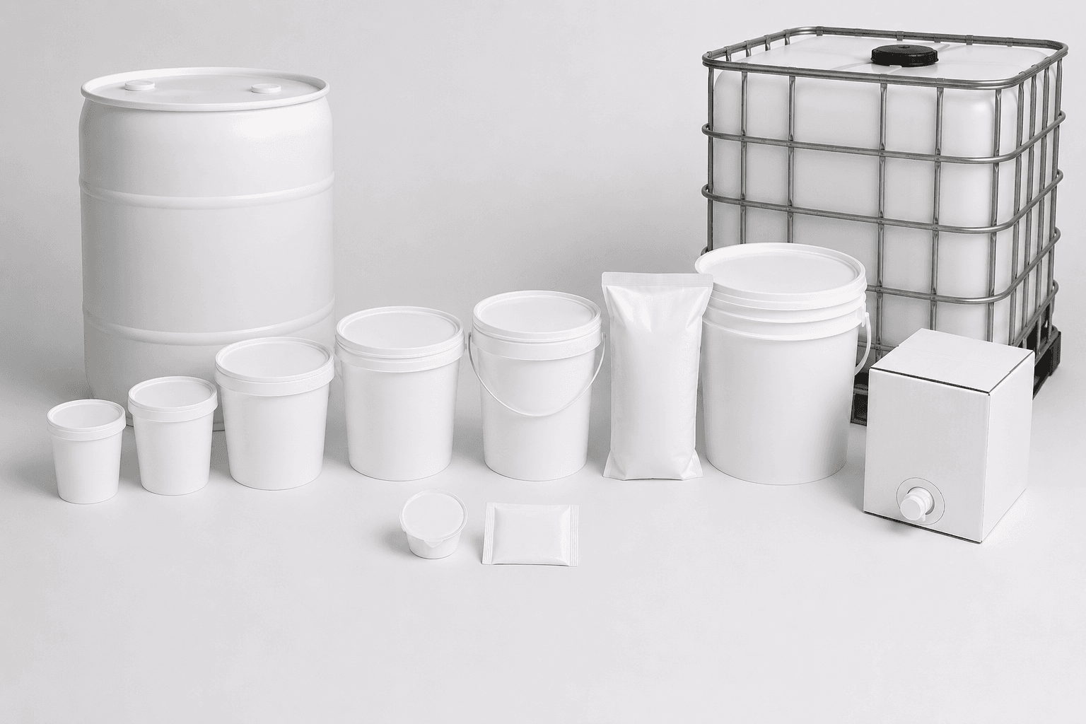 A full range of white food-grade packaging from single-serve cups and pouches to pails, drums, bag-in-box, and an IBC tote