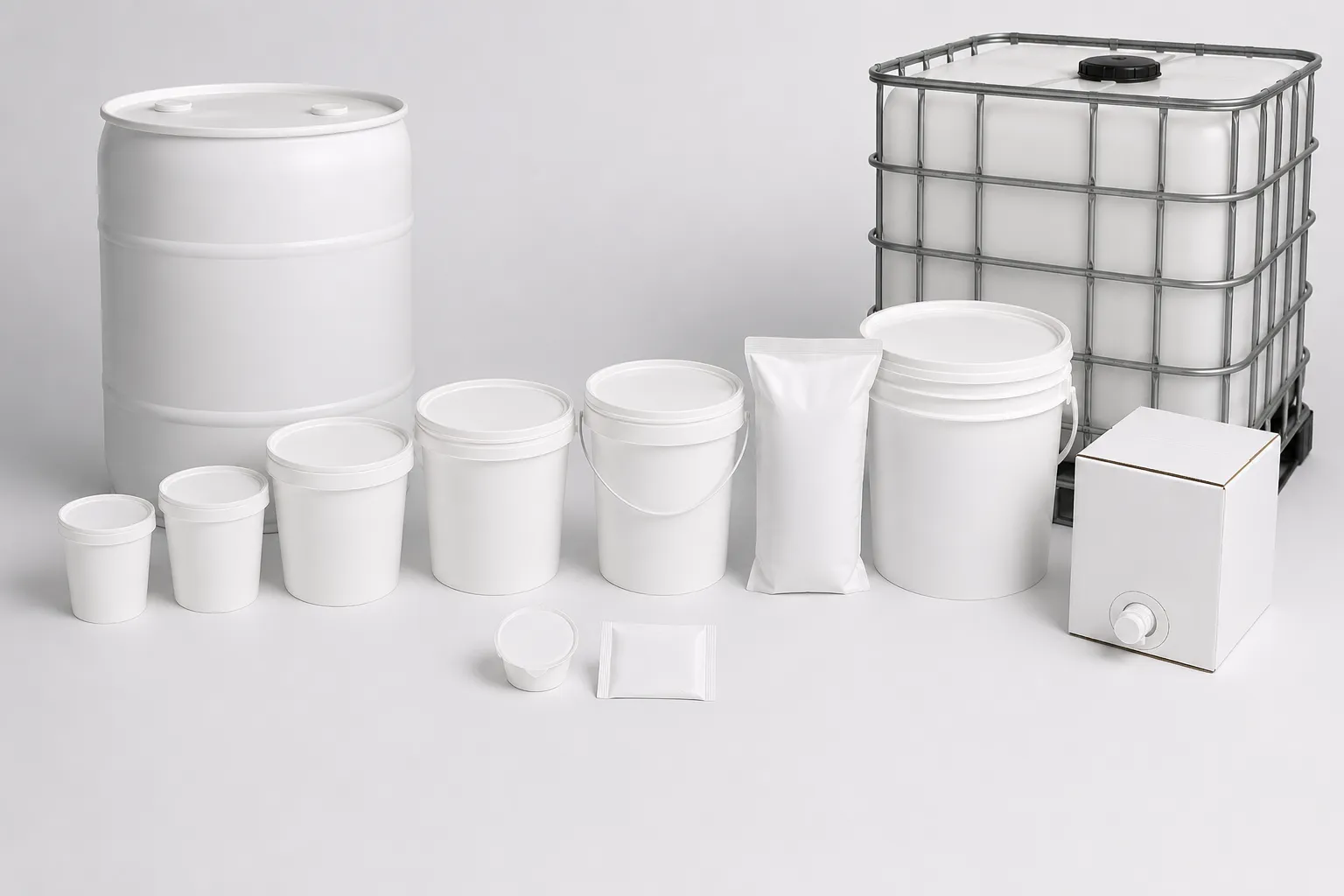 A full range of white food-grade packaging from single-serve cups and pouches to pails, drums, bag-in-box, and an IBC tote